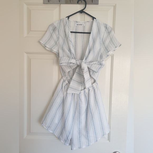 Reverse Pants - REVERSE womens size XS playsuit, light blue and white, adjustable front tie, NEW